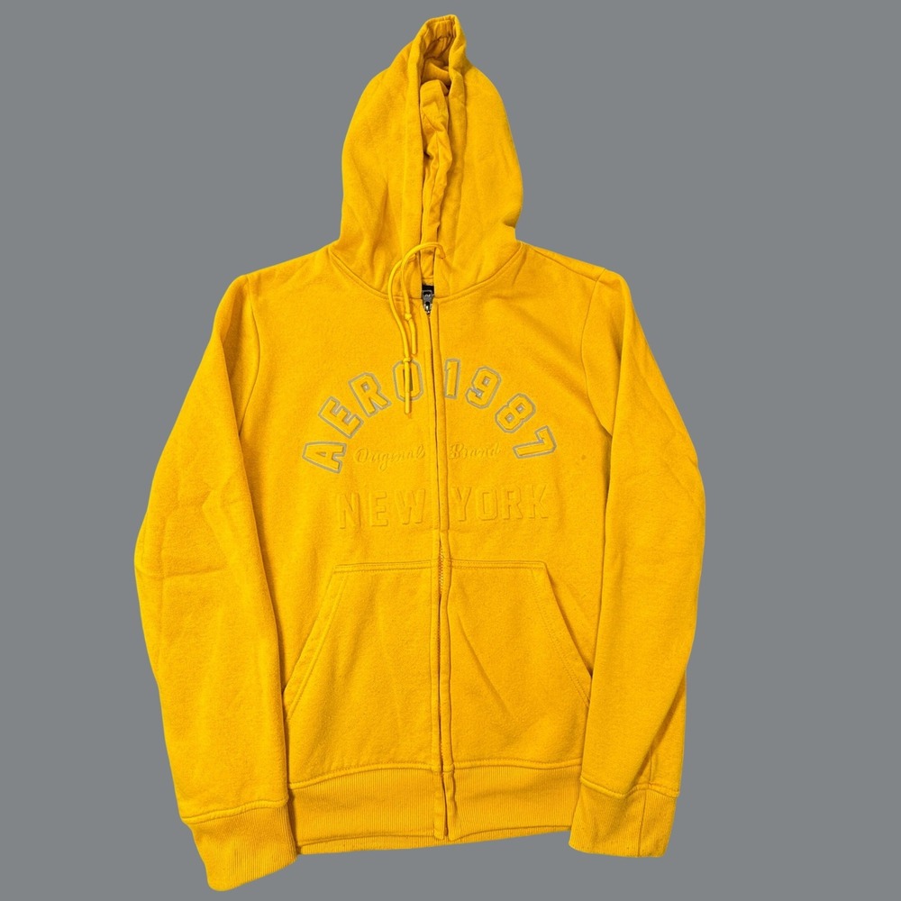 Aeropostale Full Zip Hoodie Mens L Yellow Aero 1987 New York Fleece